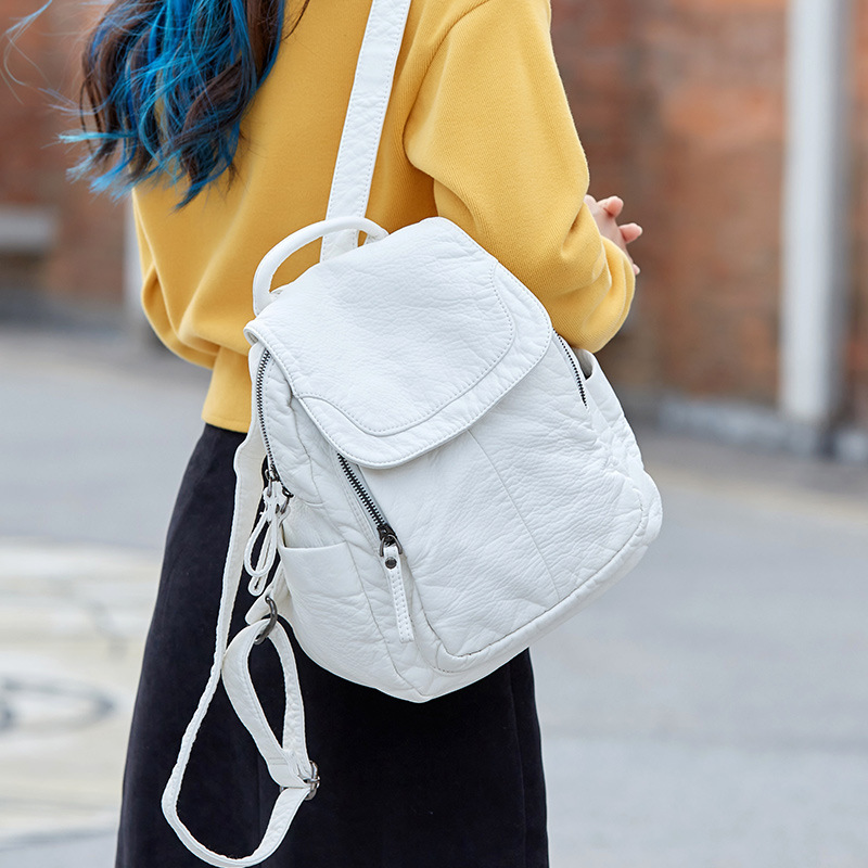 Leather Work Backpack - Kadın sırt çantası beyaz yıkanmış deri