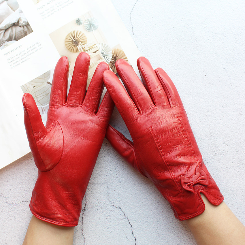 Leather Work Winter Gloves - Renkli Deri Eldiven Kadın Moda Basit