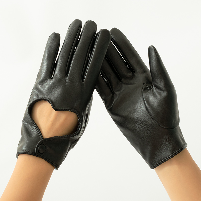 Leather Work Winter Gloves - Kadın Hollow şeftali kalp PU deri